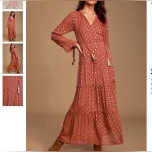 RAGA Elle Rusty Rose Polka Dot Tiered Longsleeve Maxi Dress. Size XS
